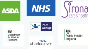 ASDA, NHS, Sirona Care & Health, Department for Work & Pensions, PAM Group, Charles River, Public Health England
